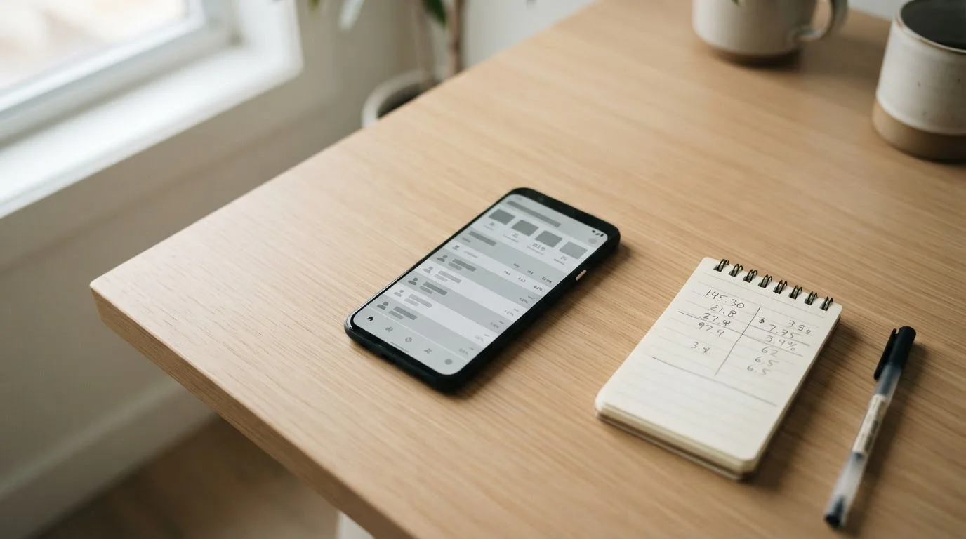 Smartphone mit neutraler Sportwetten-App auf minimalistischem Schreibtisch neben Notizblock