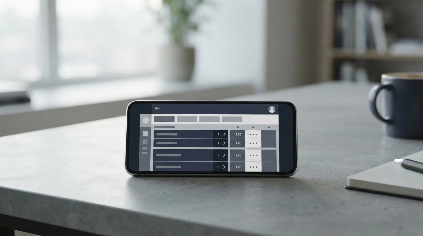 Android-Smartphone mit Sportwetten-App auf neutralem Tisch mit gedämpfter Beleuchtung