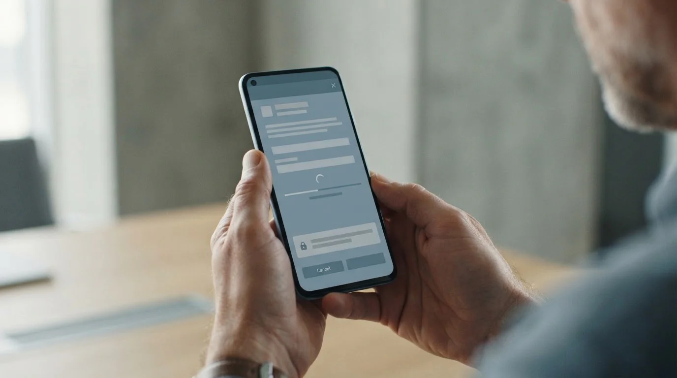 Hands halten Android-Smartphone während APK-Installation mit Sicherheitswarnung auf dem Bildschirm