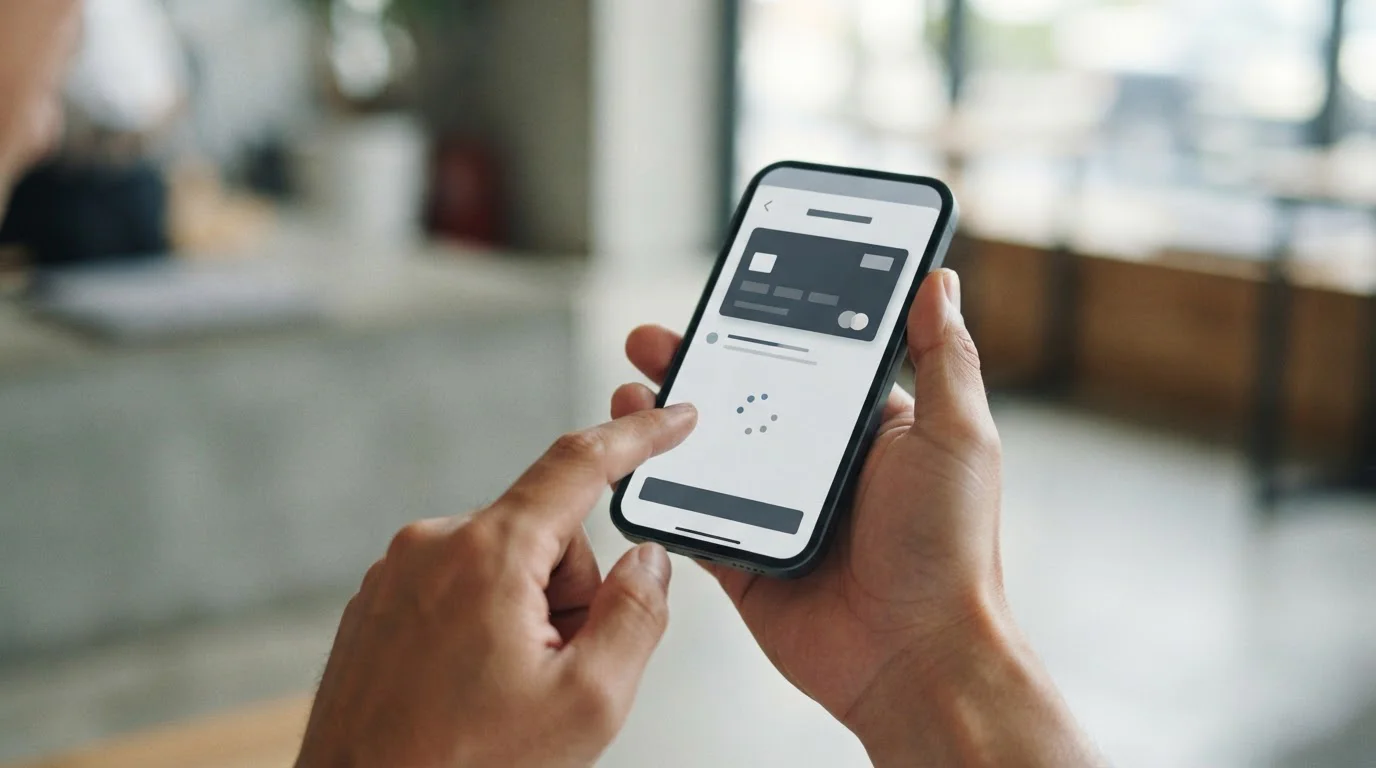 Smartphone zeigt abstrakten Zahlungsvorgang in neutraler Darstellung