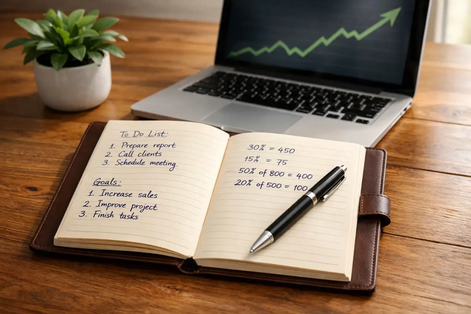 Notizbuch mit Stift auf einem Schreibtisch, daneben ein Laptop mit Diagrammen