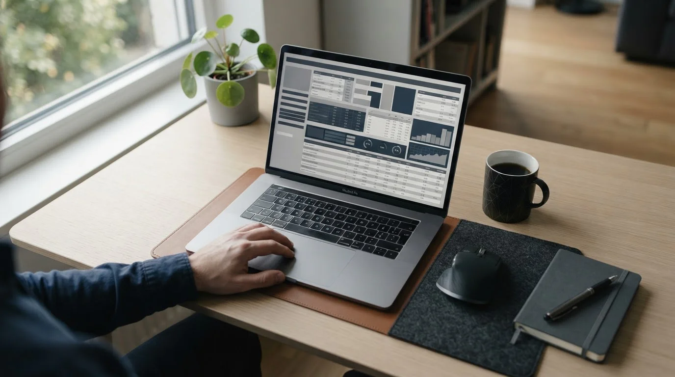 Neutrale Darstellung eines digitalen Wettportals auf einem Laptop mit abstrakten Tabellen und Zahlen