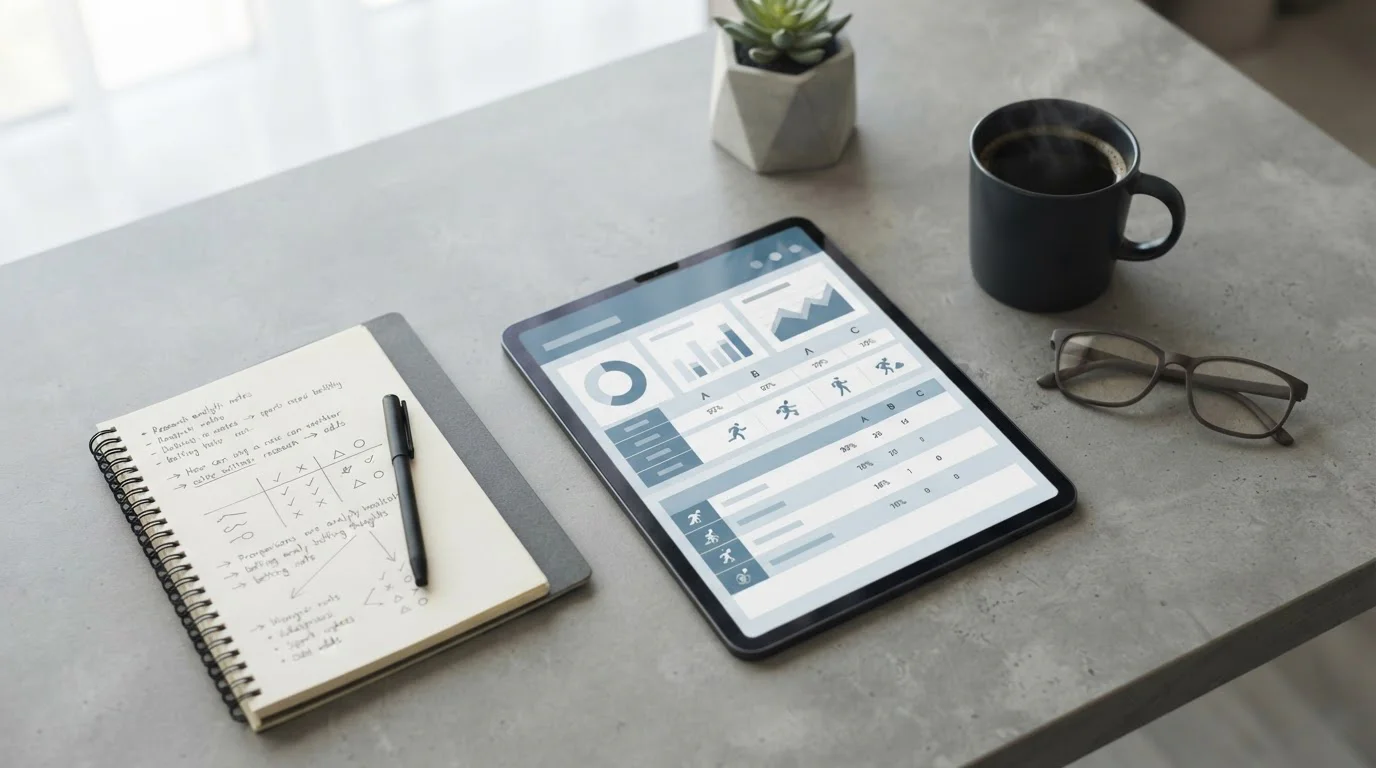 Vergleich von Nations-League-Wettanbietern auf neutralem Arbeitsplatz mit Tablet und Notizen