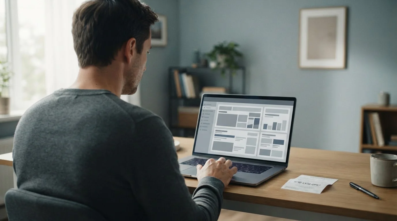 Person analysiert Wettanbieter mit Neosurf-Zahlungsoption am Laptop