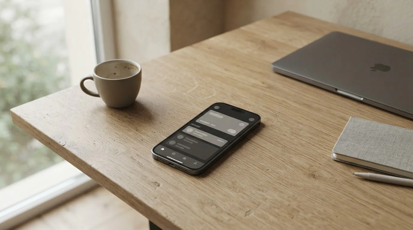 Smartphone mit Zahlungs-App auf einem Schreibtisch neben einem geschlossenen Laptop