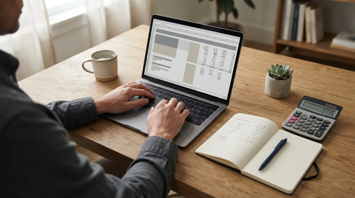 Person analysiert Buchmacher-Vergleich am Laptop mit Notizen und Taschenrechner auf dem Schreibtisch