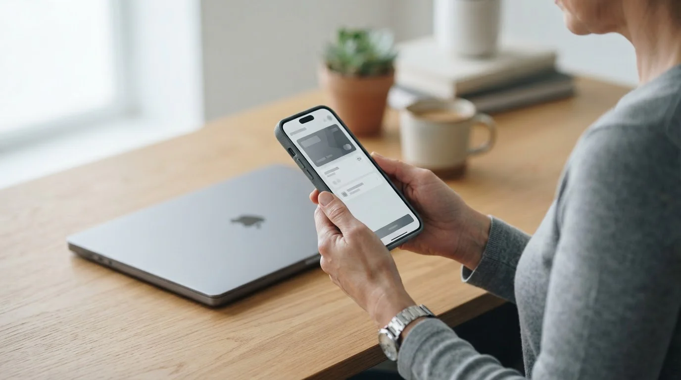 Person nutzt Apple Pay für Online-Wetten auf dem Smartphone in ruhiger Umgebung