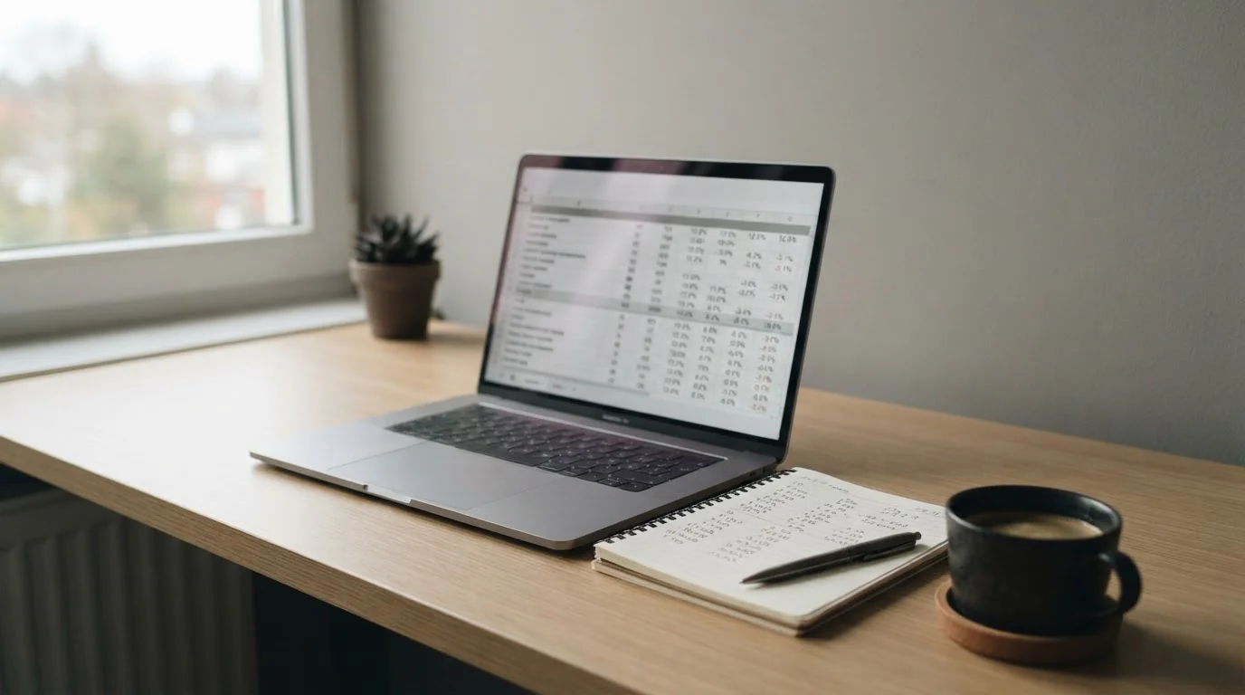 Ruhige analytische Szene mit Laptop und Notizen zur Quotenanalyse auf aufgeräumtem Schreibtisch