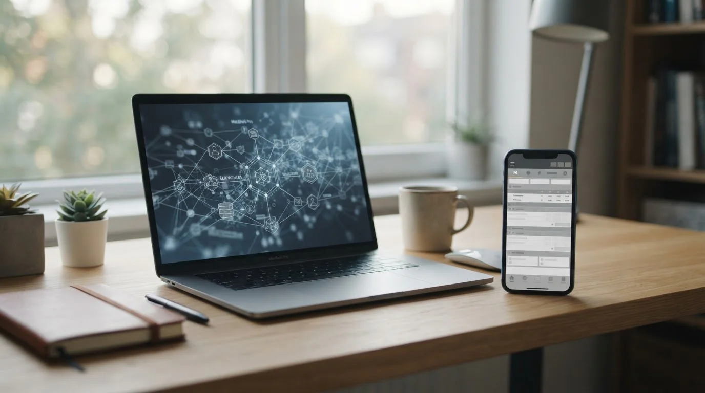 Bitcoin-Symbol auf Laptop-Bildschirm neben Smartphone mit Sportwetten-Interface