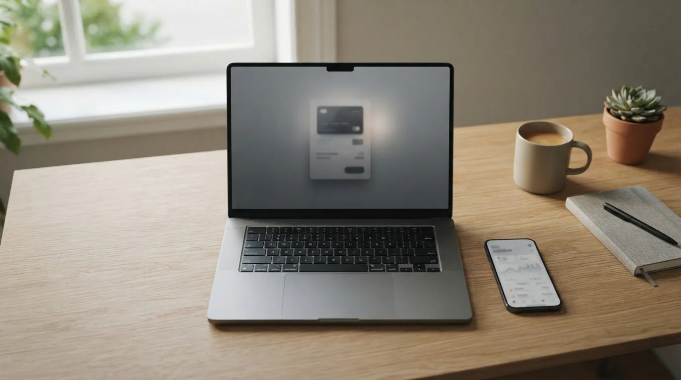 Laptop mit neutraler Zahlungsschnittstelle auf aufgeräumtem Schreibtisch