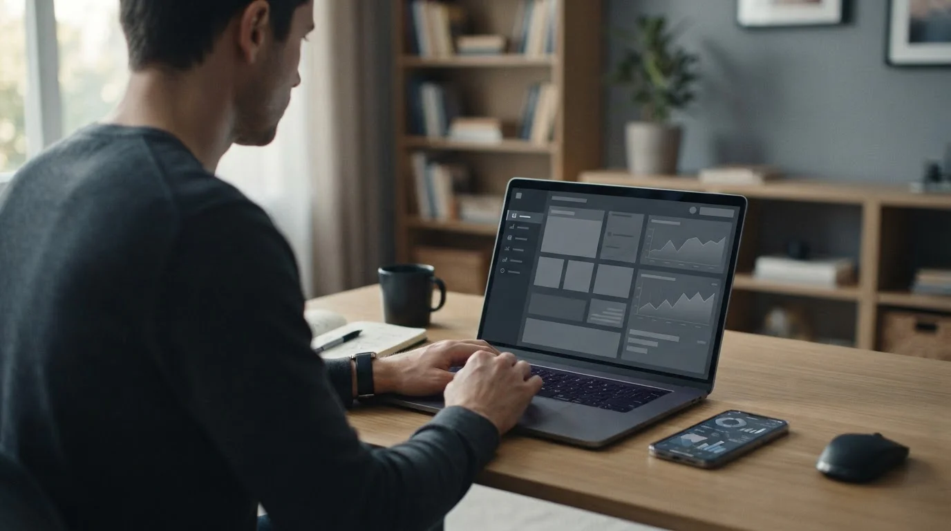 Laptop mit Krypto-Wallet und Sportwetten-Analyse auf neutralem Schreibtisch