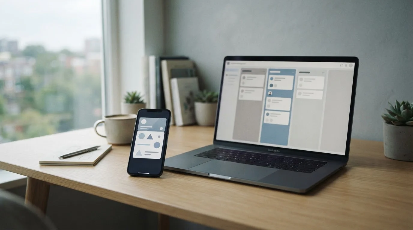 Smartphone mit digitaler Zahlungs-App auf modernem Schreibtisch neben neutralem Laptop-Bildschirm