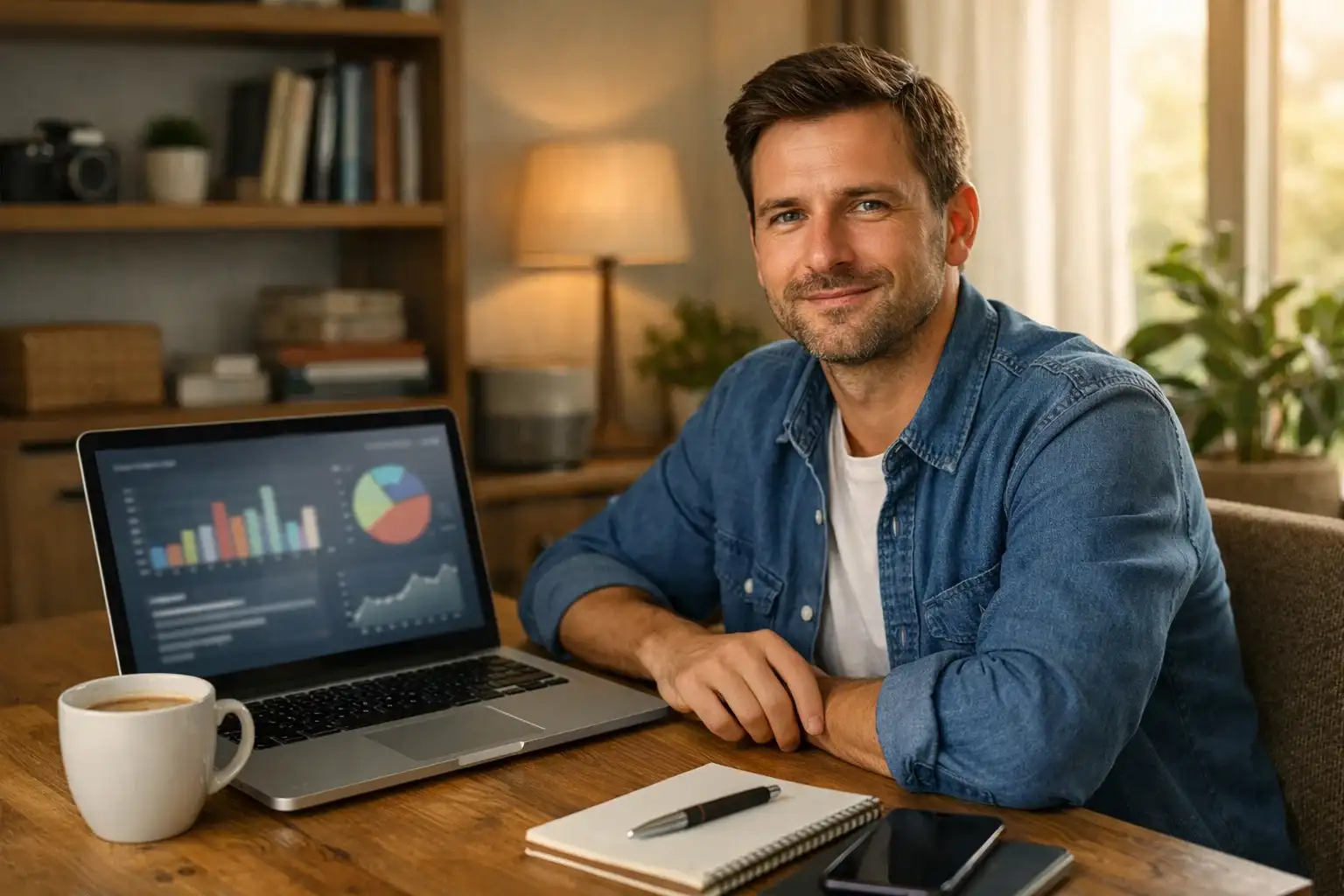 Zufriedener Nutzer arbeitet mit kostenlosen Analysetools am Laptop