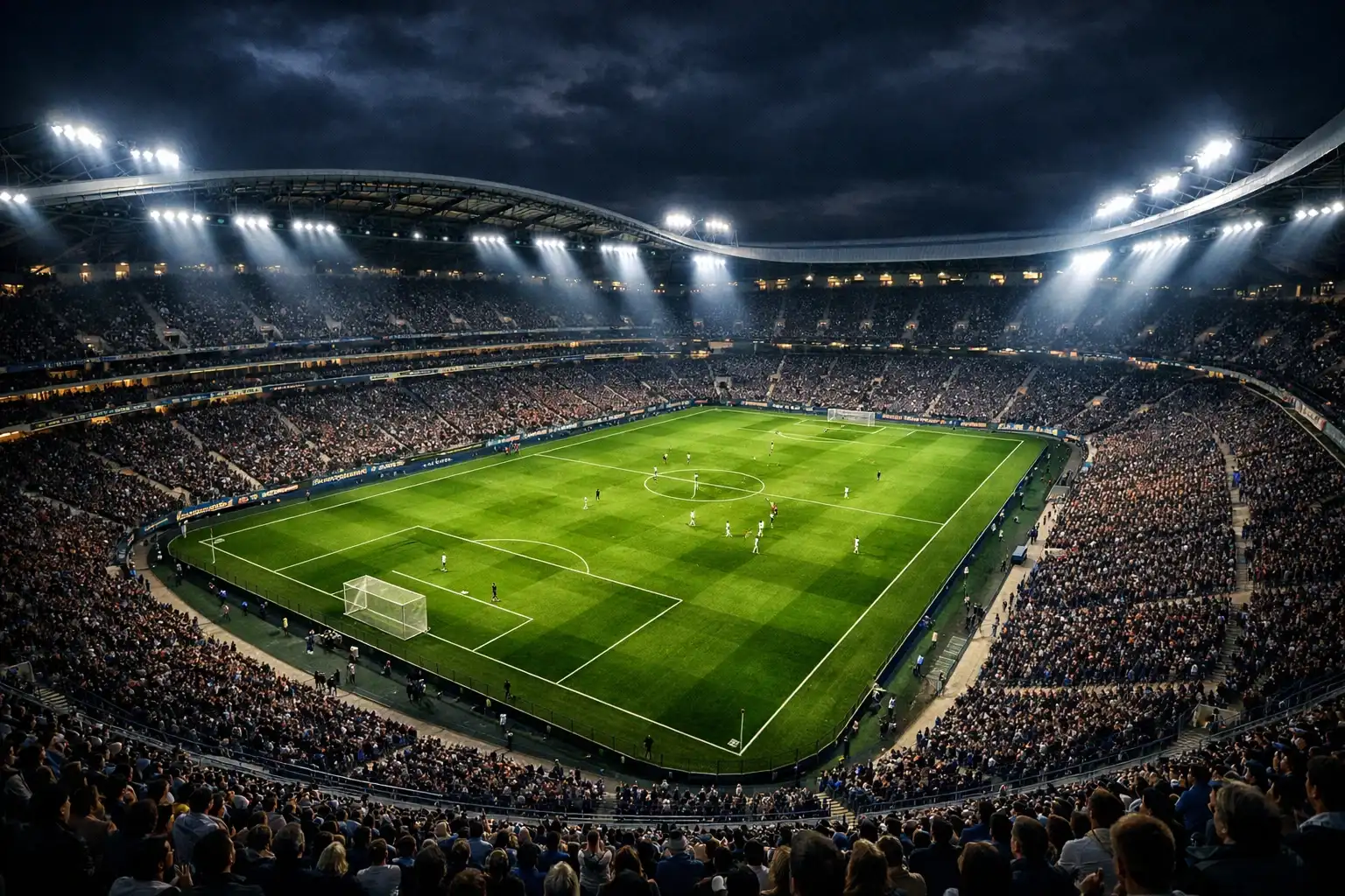 Fussballstadion bei Flutlicht repräsentiert die europäischen Topligen