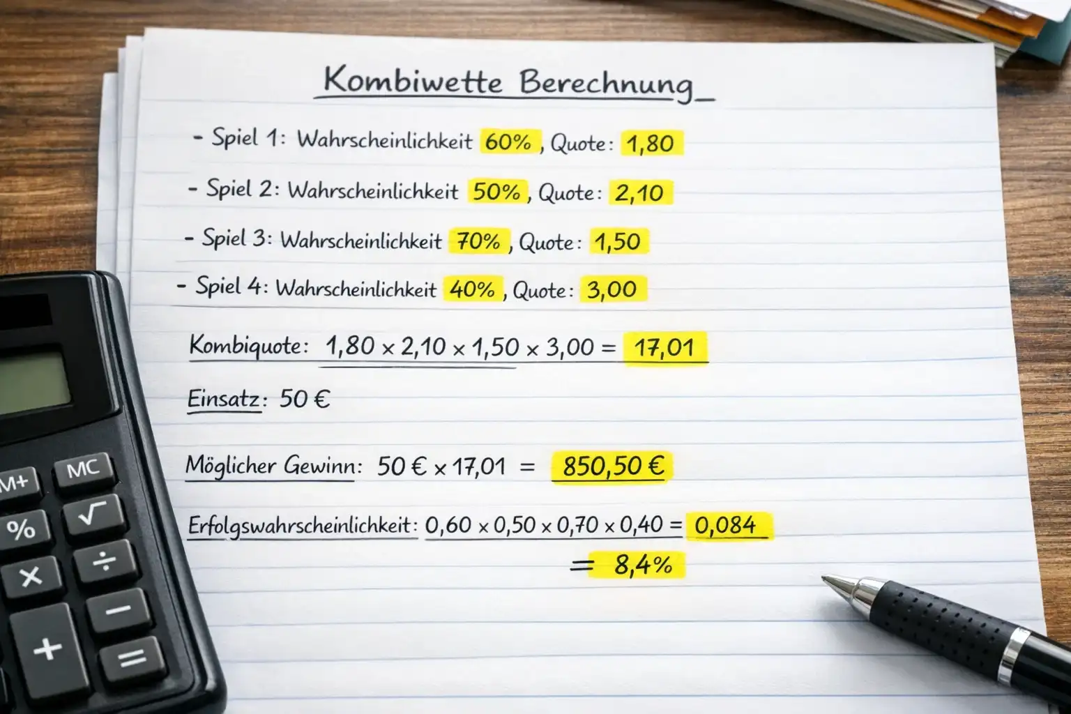 Detaillierte Berechnung einer Vierer-Kombiwette mit allen Schritten