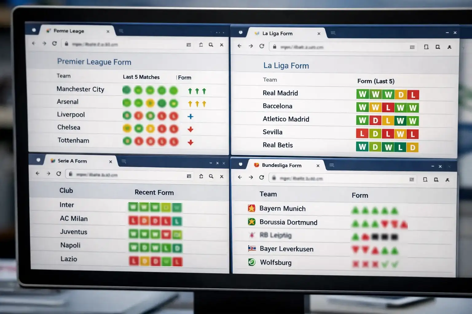 Formvergleich verschiedener Fussballligen auf einem Bildschirm