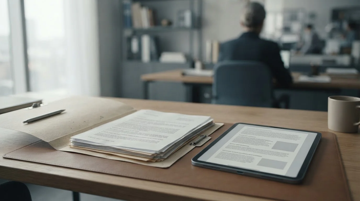 Offizielle Dokumentenmappe und Tablet mit Gesetzestext auf neutralem Hintergrund