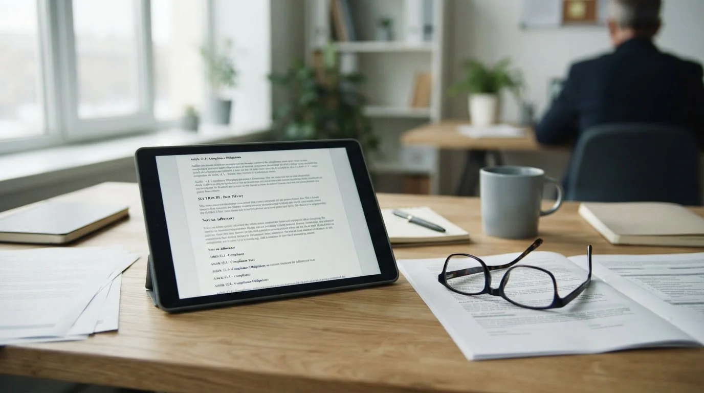 Offizielle Dokumente und Tablet mit Informationen zu Glücksspiel-Lizenzen