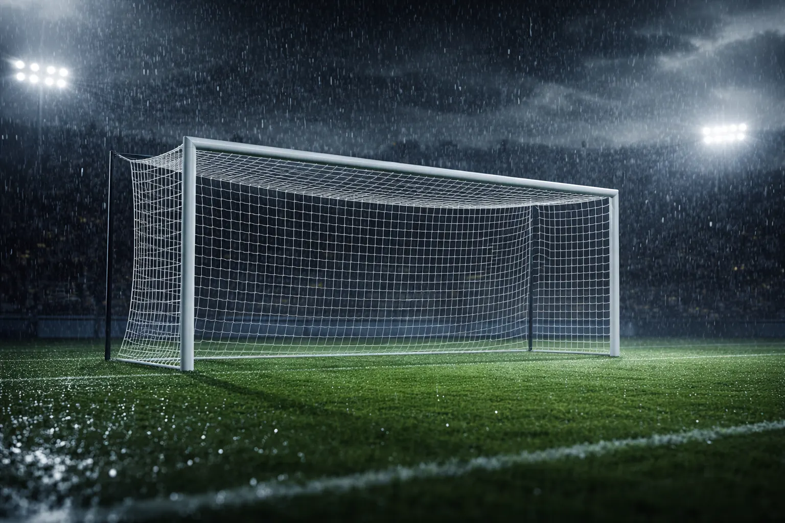 Fussballtor im Regen symbolisiert die Unvorhersehbarkeit des Spiels