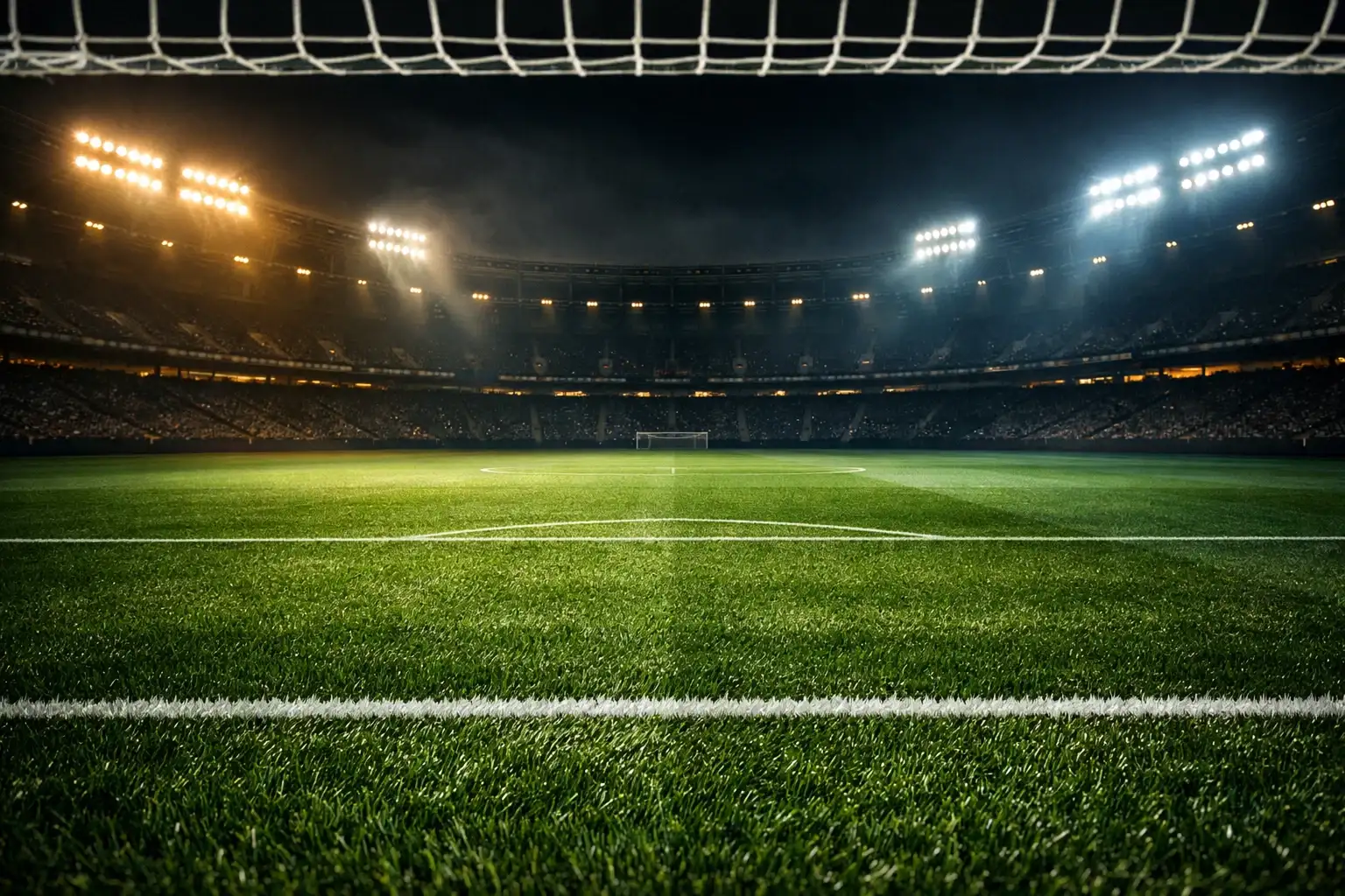 Fussballstadion bei Flutlicht mit Datenvisualisierung über dem Spielfeld