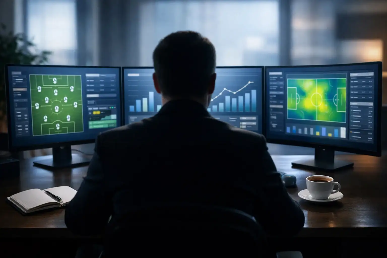 Analyst betrachtet Fussball-Statistiken auf mehreren Bildschirmen