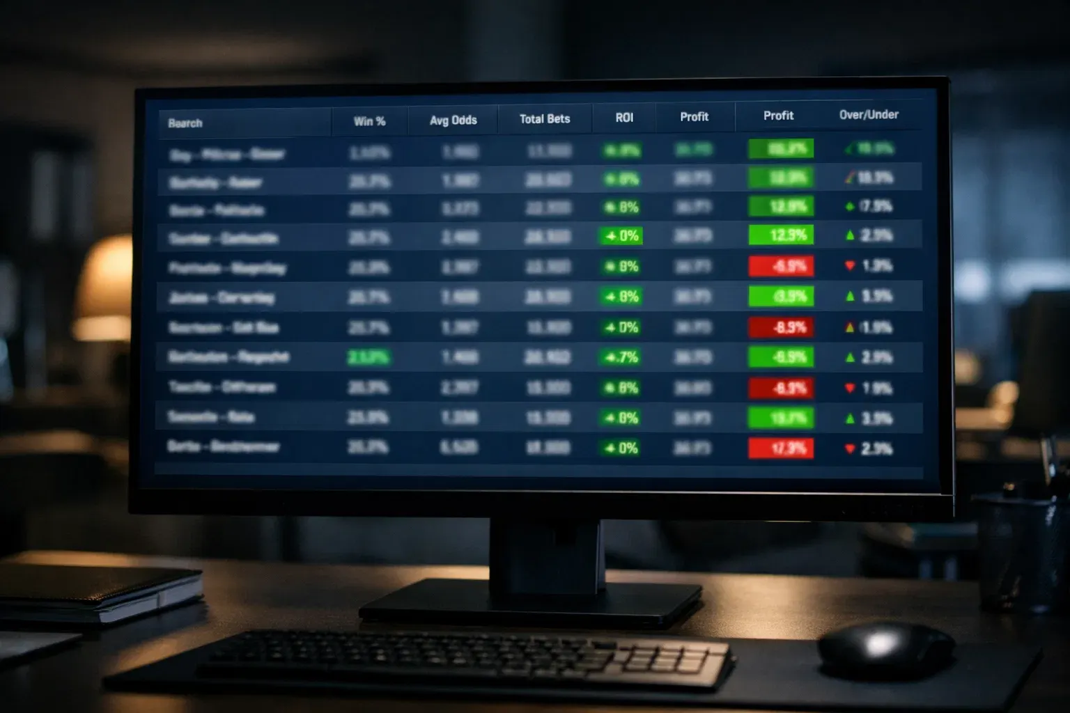 Tabelle mit Spielprognosen und Wahrscheinlichkeiten auf einem Monitor