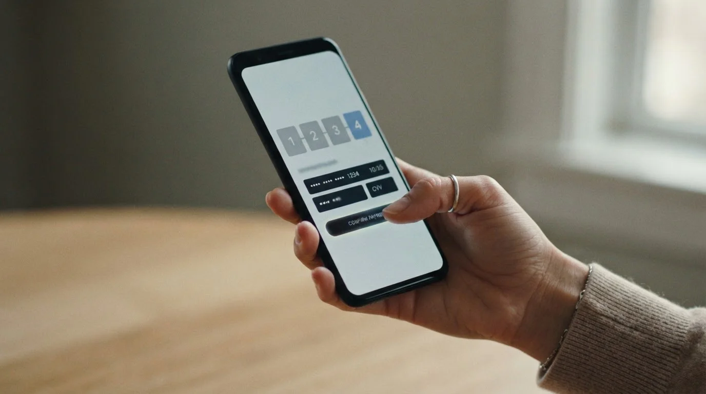 Hand tippt auf Smartphone mit abstraktem Zahlungsformular