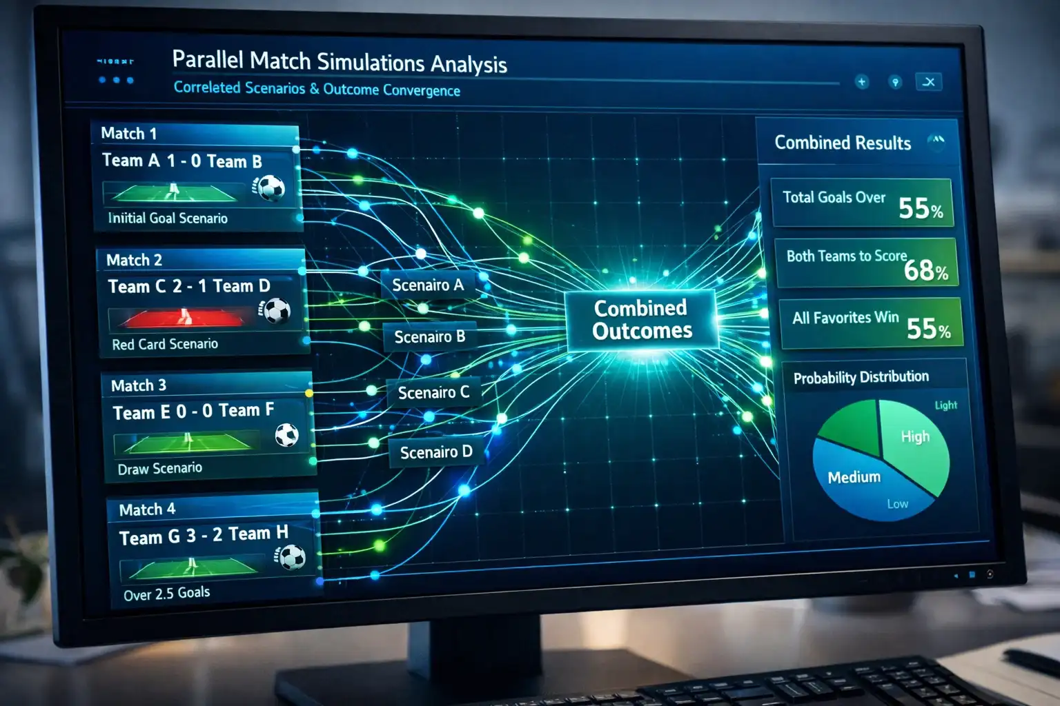 Mehrere parallele Simulationspfade für eine Kombiwette visualisiert