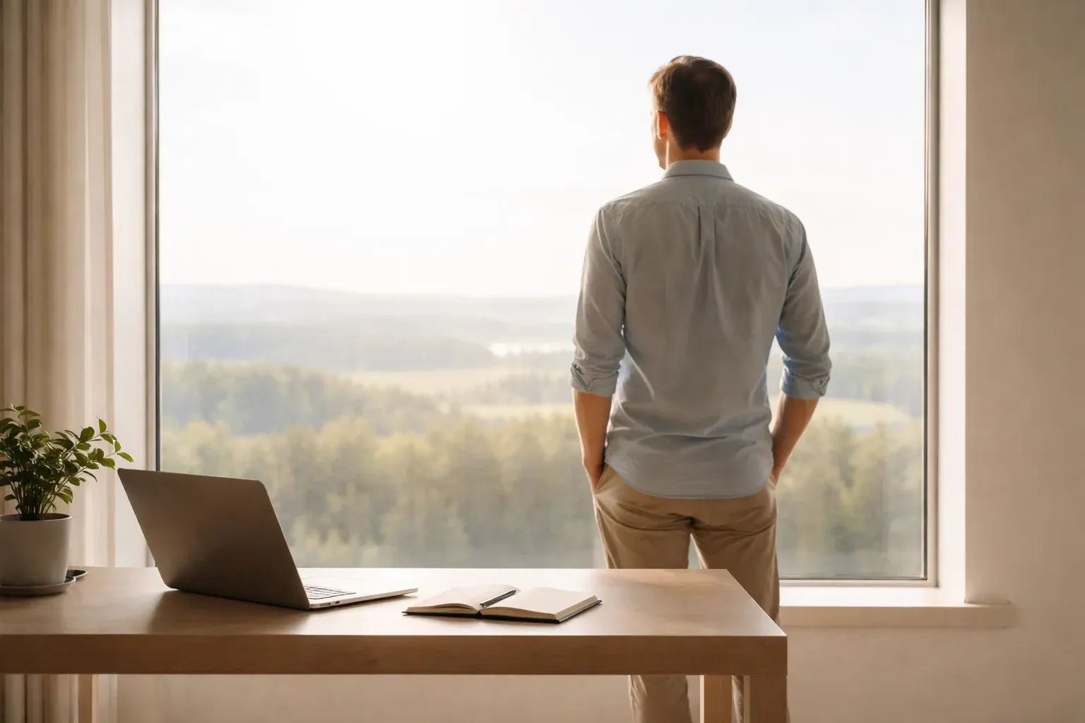 Person blickt nachdenklich in die Ferne und plant langfristig