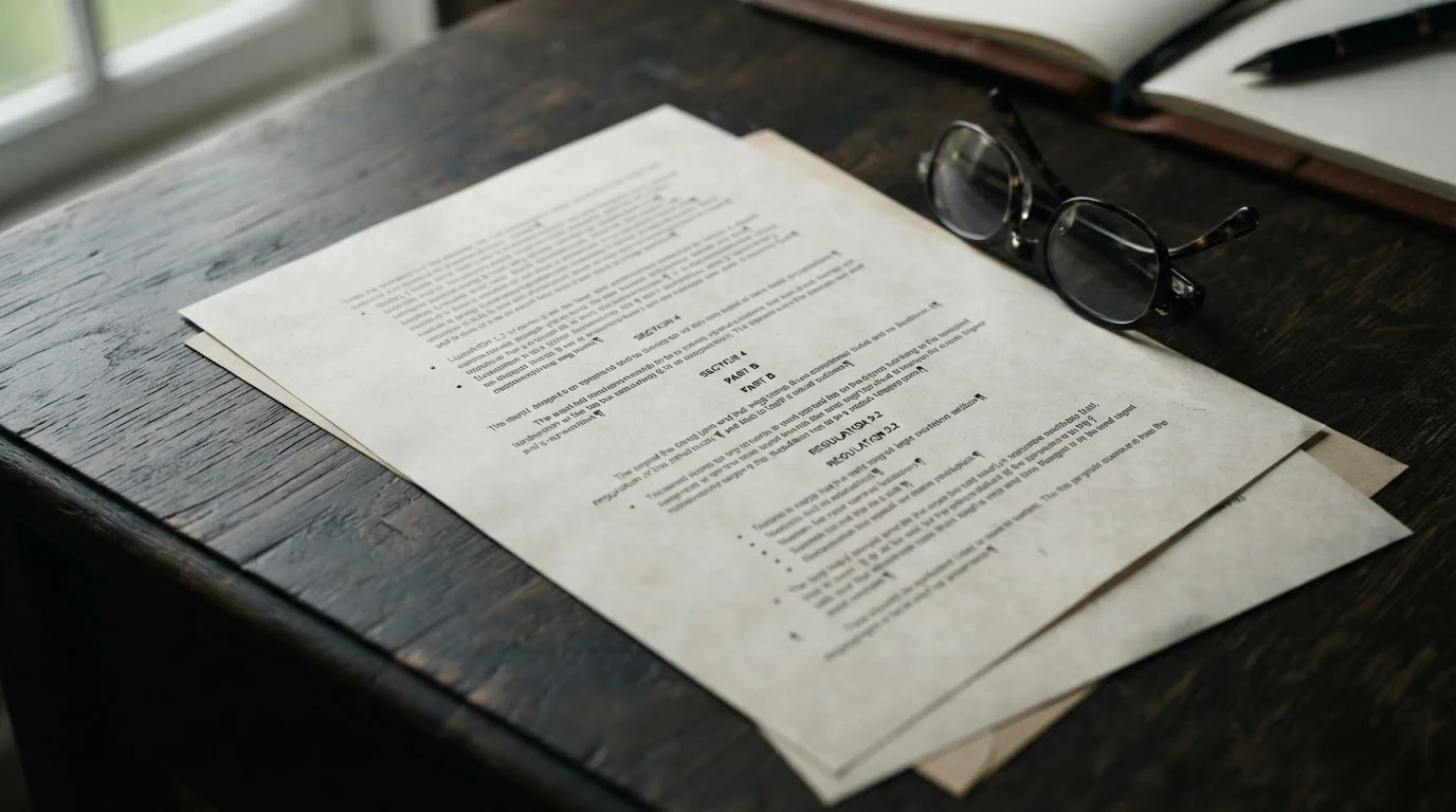 Dokument mit abstrakten Paragraphen auf dunklem Untergrund
