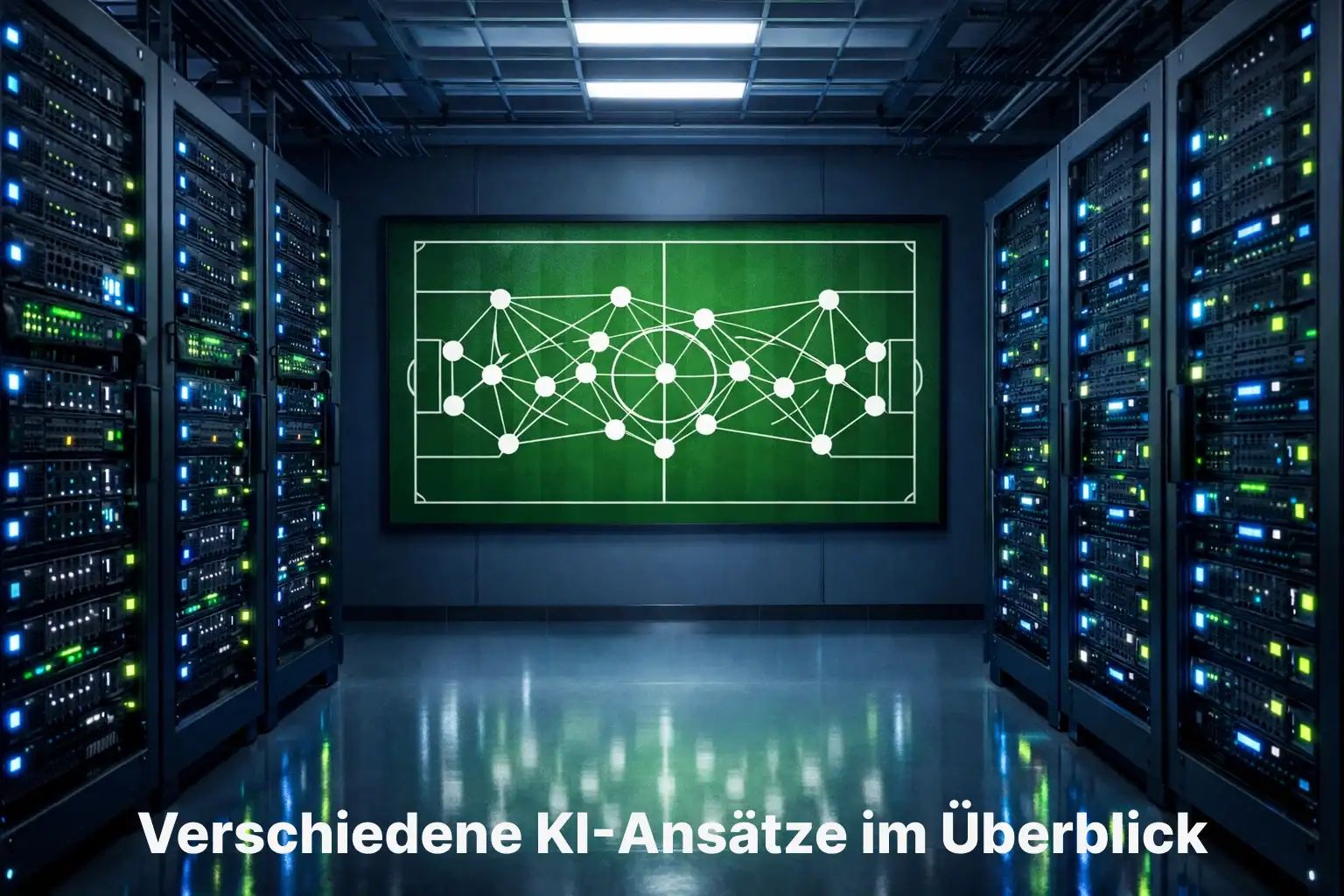 Serverraum mit Bildschirmen, die Fussball-Datenanalysen zeigen