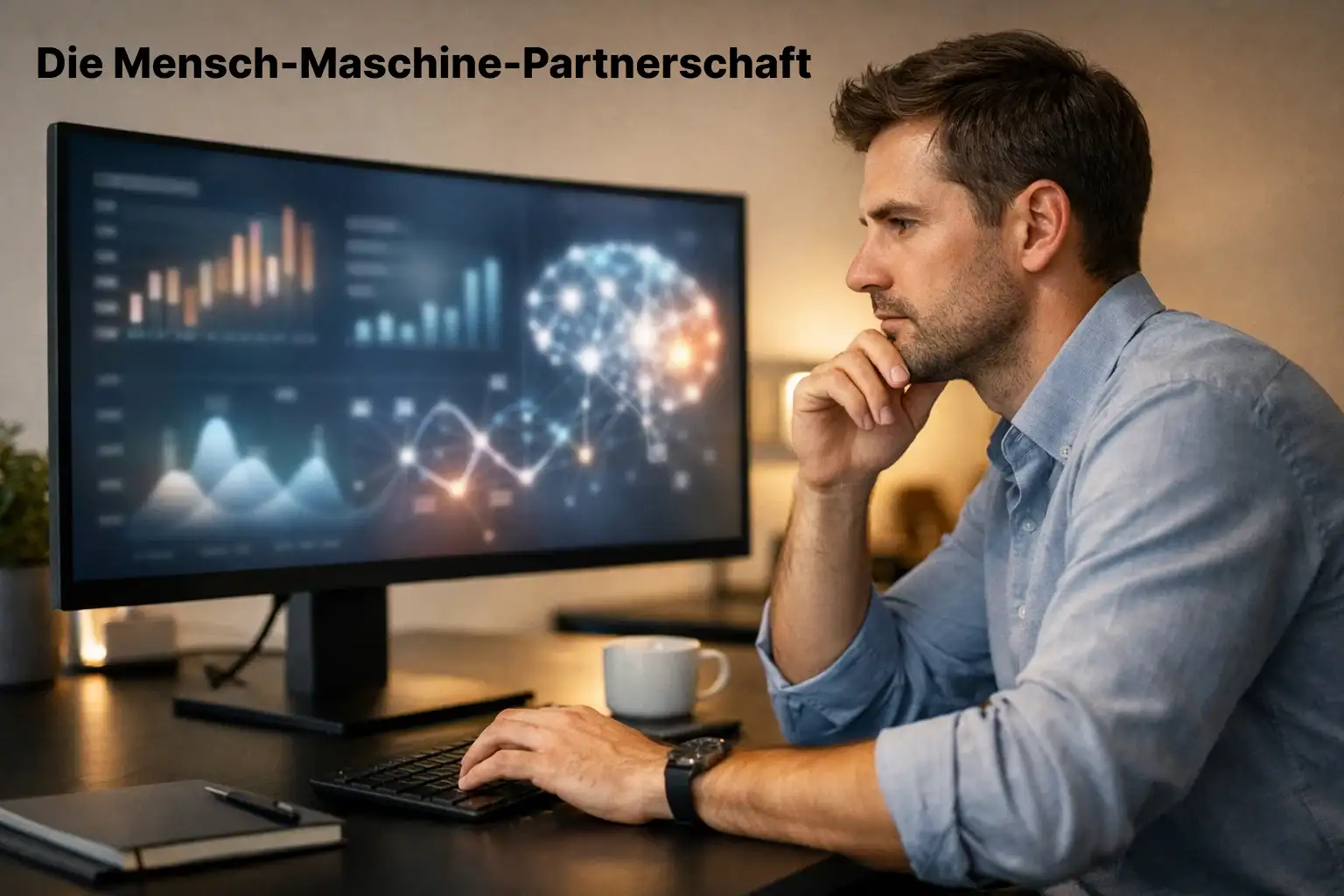 Person arbeitet konzentriert am Computer mit KI-unterstützter Analyse