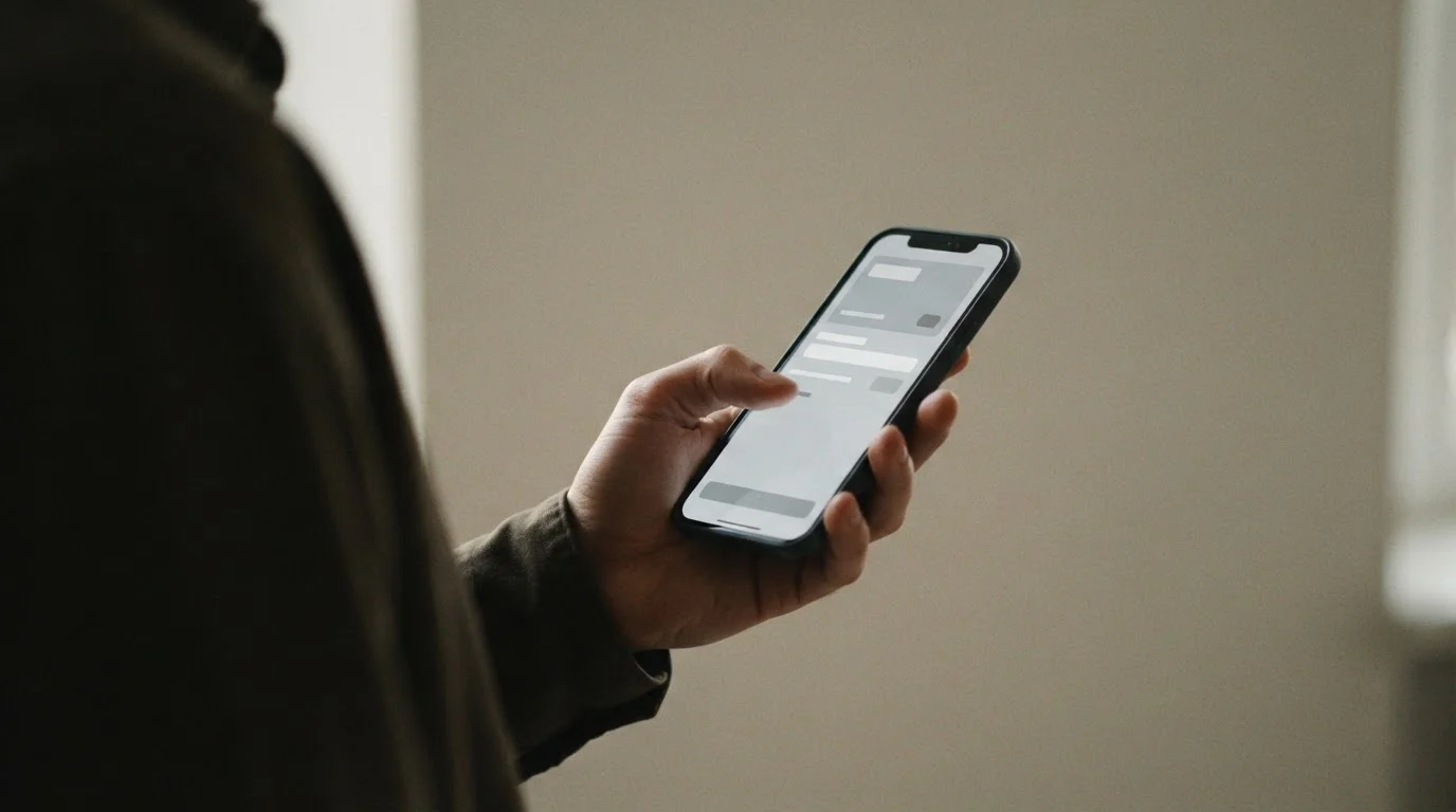 Hand hält Smartphone bei mobiler Zahlung mit neutraler Benutzeroberfläche
