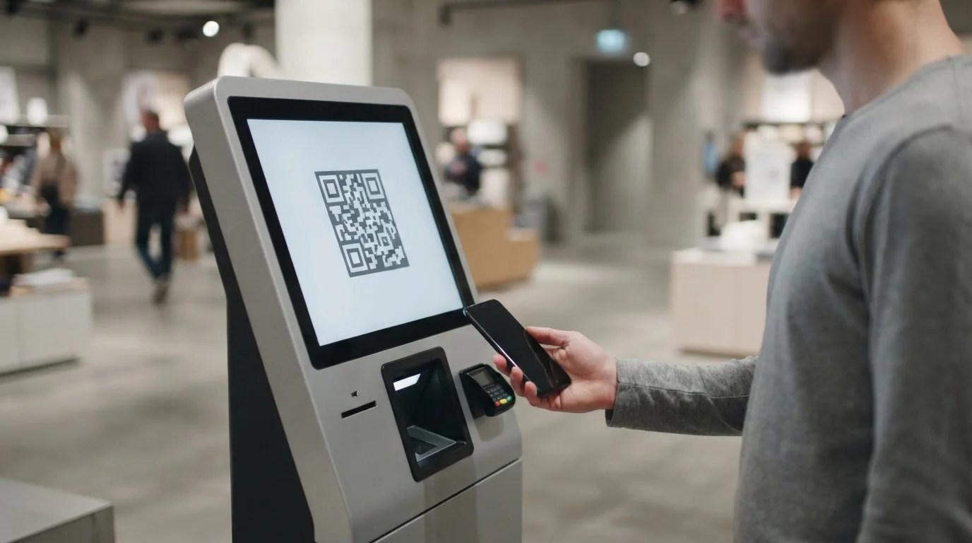 Abstraktes Zahlungsterminal mit QR-Code-Scanner in neutraler Umgebung