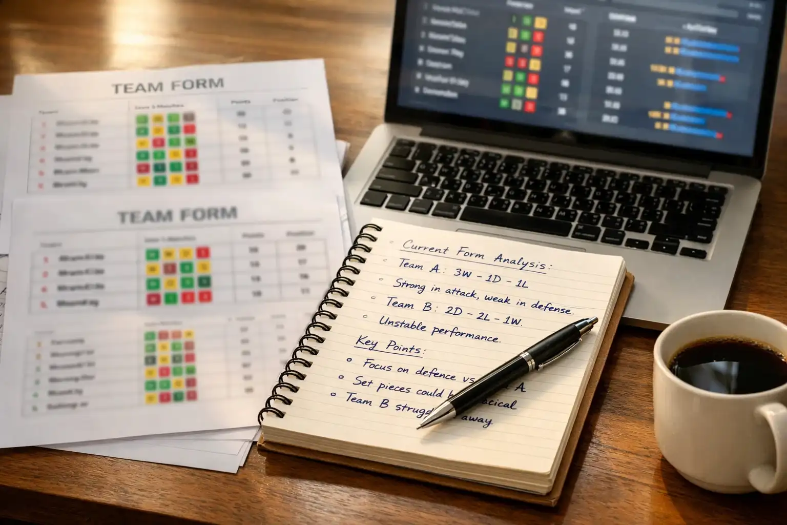 Arbeitsplatz mit Formtabellen und Analysenotizen für Wettentscheidungen