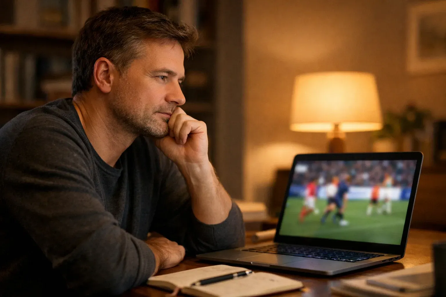 Person sitzt nachdenklich vor einem Laptop mit Sportwetten-Analyse