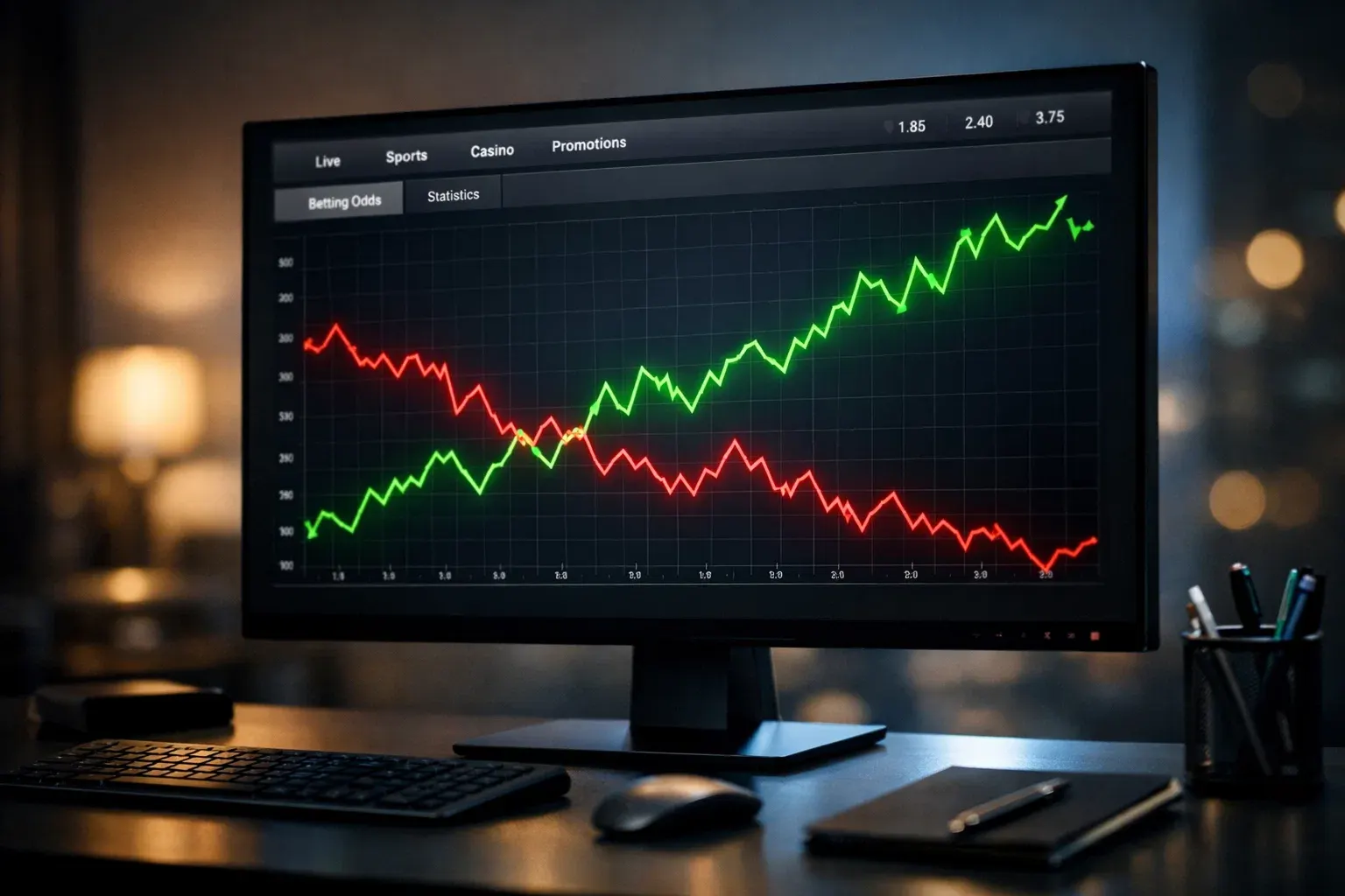 Bildschirm mit Diagramm steigender und fallender Wettquoten
