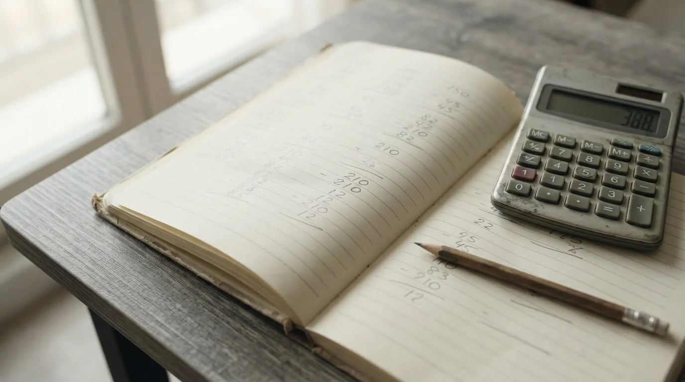 Notizbuch mit handgeschriebenen Berechnungen und Taschenrechner auf Schreibtisch