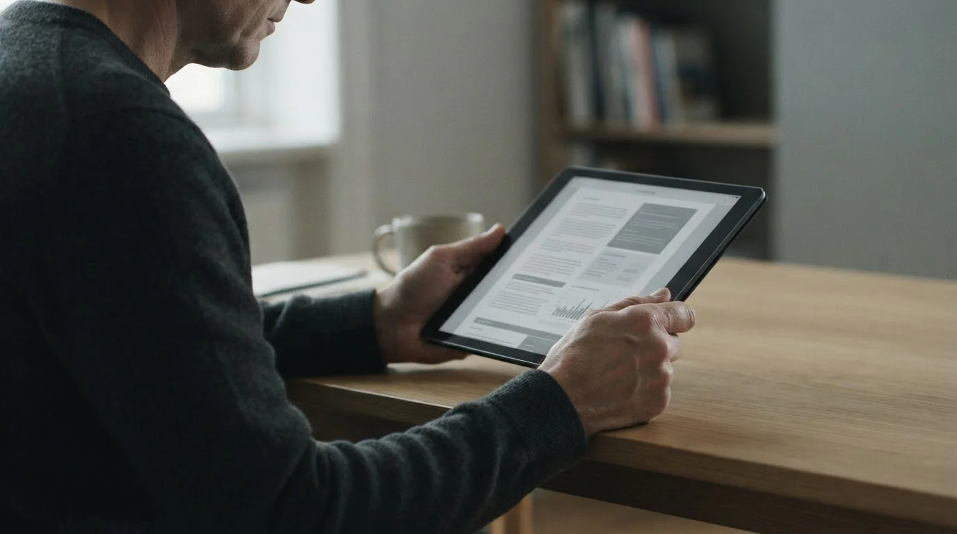 Person liest auf Tablet rechtliche Informationen und Nutzungsbedingungen zu Wettlimits