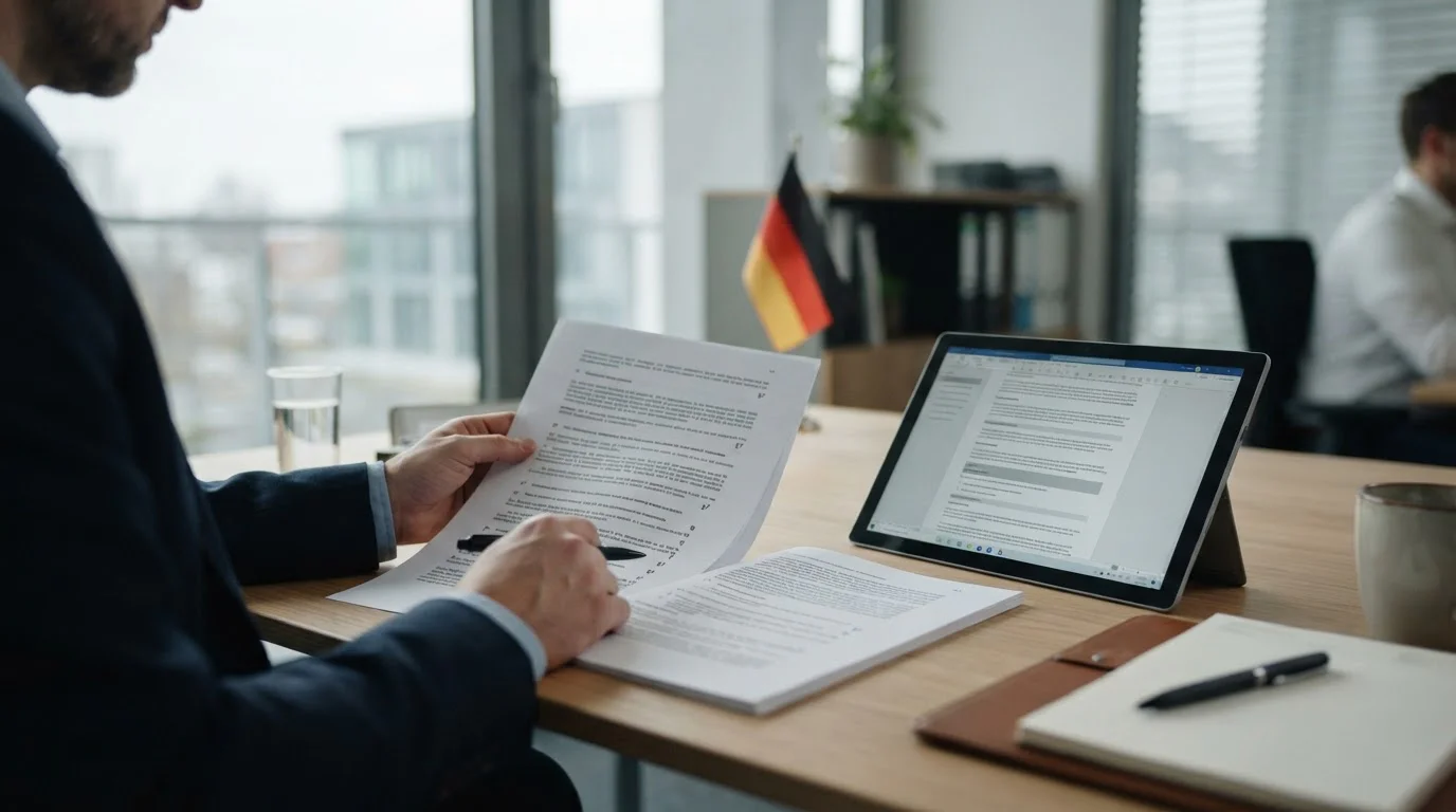 Deutsches Rechtsdokument und Paragrafen-Symbol auf Schreibtisch