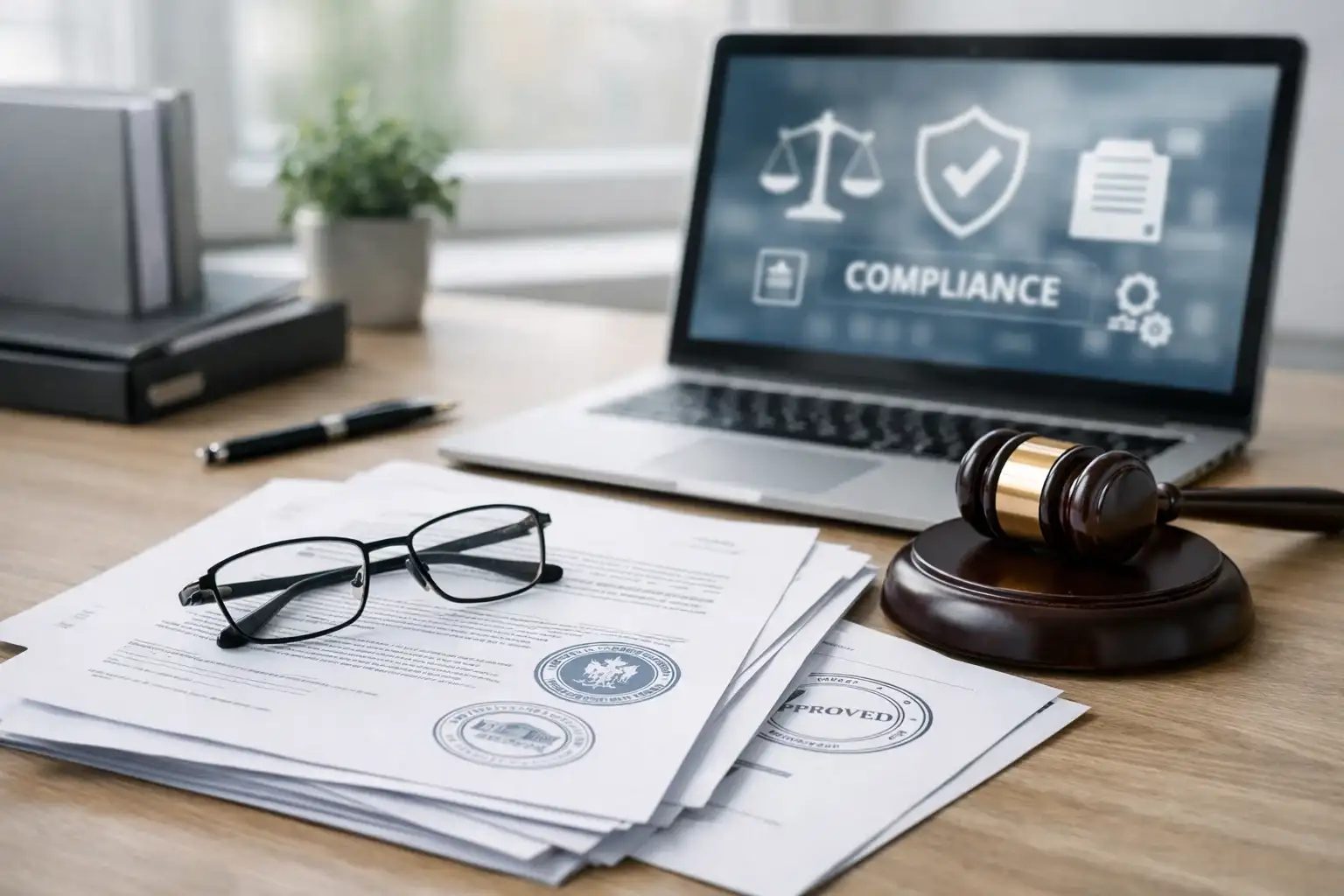Dokumente und Laptop symbolisieren gesetzliche Regelungen im Wettmarkt