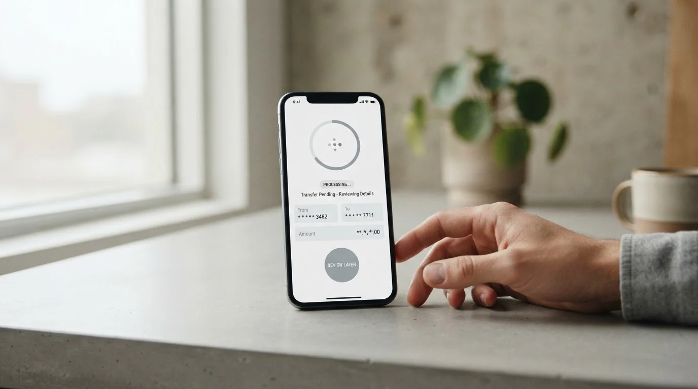 Smartphone zeigt SEPA-Echtzeit-Überweisungsstatus mit Bearbeitungsbalken