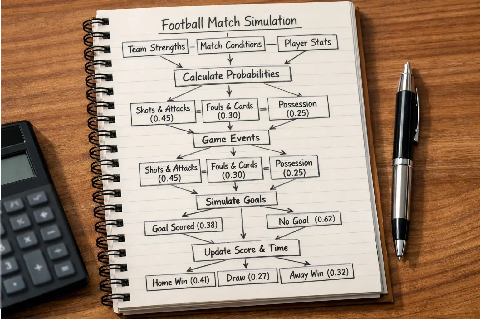 Schritt-für-Schritt Darstellung einer Fussballspiel-Simulation