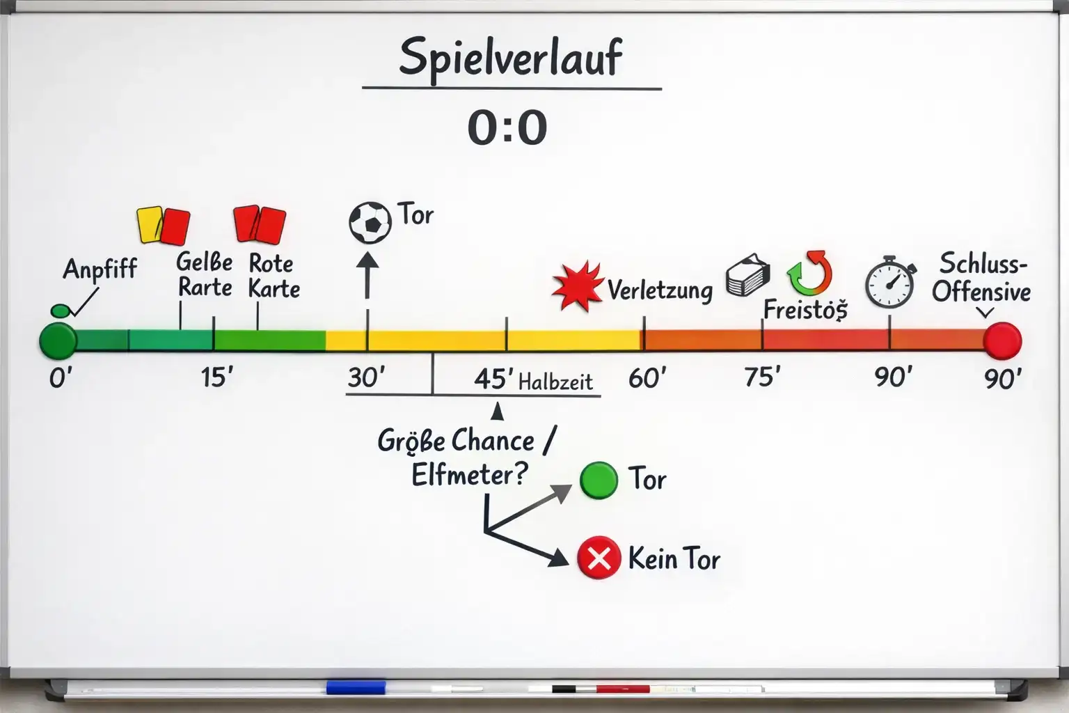 Schematische Darstellung eines simulierten Spielverlaufs mit Zeitachse