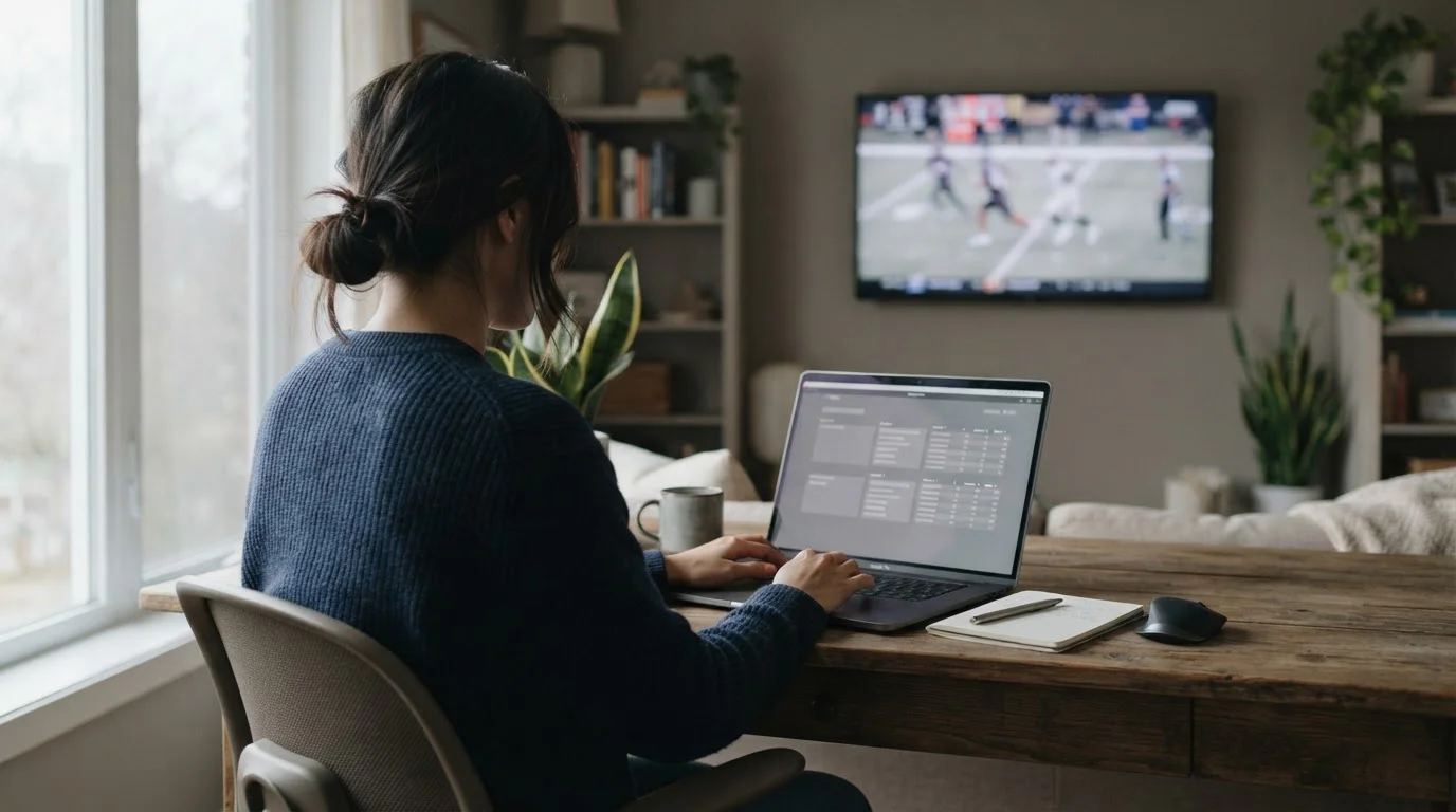 Analytischer Vergleich von Sportwetten-Anbietern am Laptop mit Sportereignissen im Hintergrund