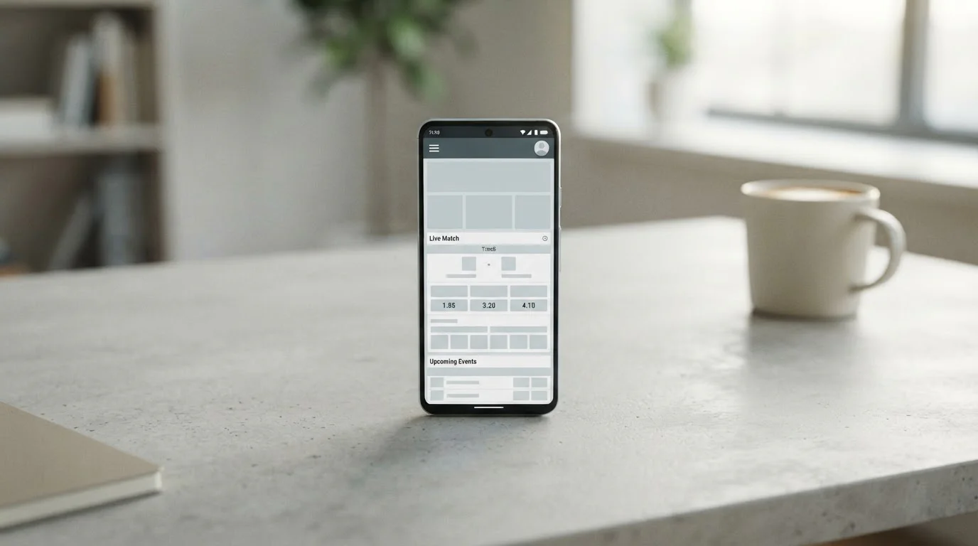 Android-Smartphone mit Sportwetten-App auf dem Display neben Tablet und weiteren Geräten