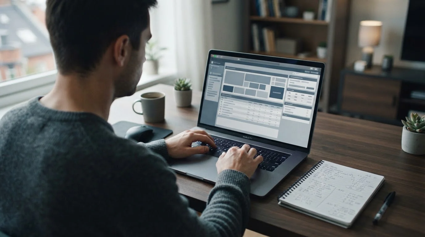 Person analysiert Sportwetten-Optionen mit geringer Einzahlung am Laptop