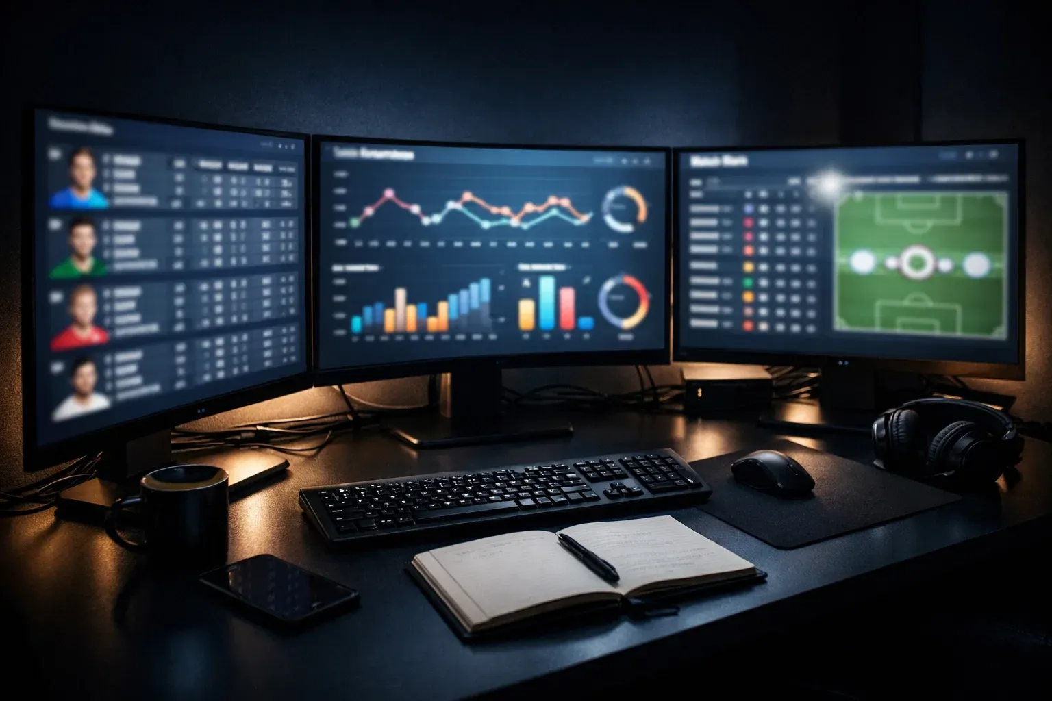 Mehrere Bildschirme zeigen Fussballstatistiken und Datenanalysen