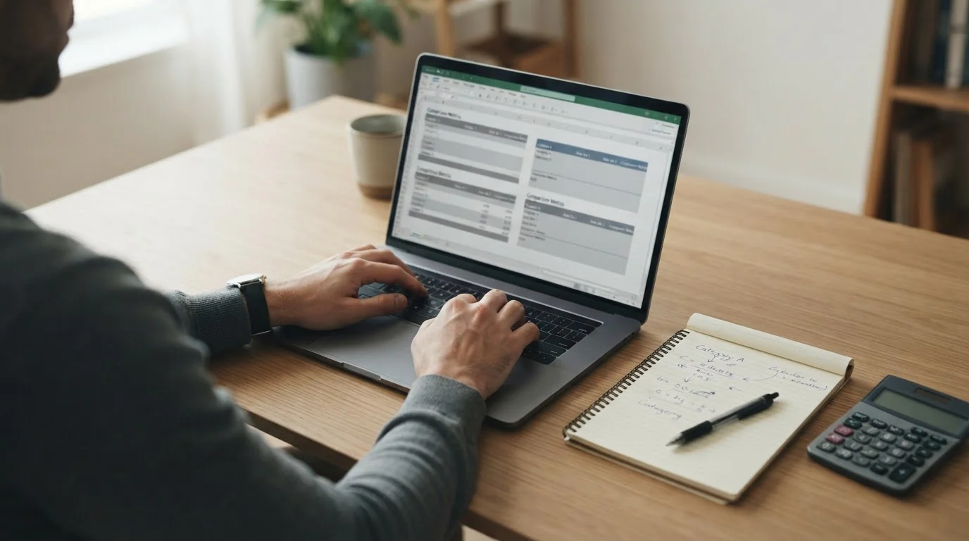 Person analysiert Wettanbieter und Steuermodelle am Laptop mit Taschenrechner