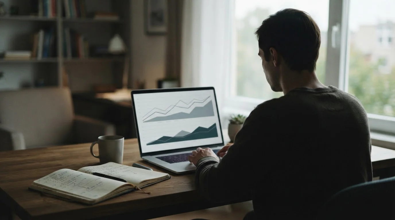 Arbeitsplatz mit Bildschirm zur historischen Auswertung von Wettquoten und Datentrends